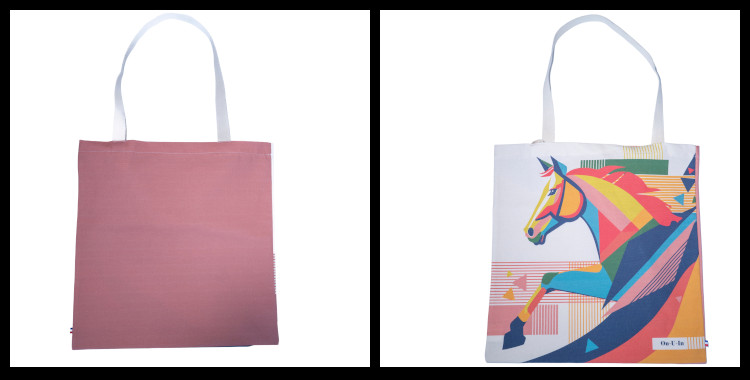 Le tote bag ou sac fourre-tout "La Chevauchée" de la marque marseillaise On-U-In, fabriqué en France, 100% coton. Le thème La Chevauchée évoque un cheval au galop. Photo prise des deux côté, recto et verso.