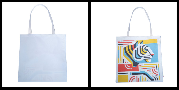 Le tote bag ou sac fourre-tout "Le Tigre à la plage" de la marque marseillaise On-U-In, fabriqué en France, 100% coton. Le thème Le Tigre à la plage évoque un félin stylisé. Photo prise des deux côtés, recto verso.