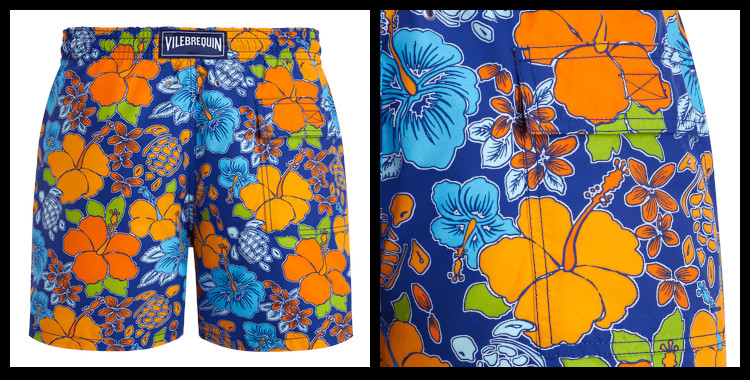 Short de bain Vilebrequin les hibiscus, gros plan sur la finition de la poche arrière et le placement à la main de l'imprimé.