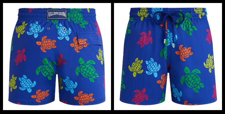 Ce short de bain Vilebrequin, homme, ceinture élastique avec cordon, modèle Moorea, imprimé tortues multicolores, en coloris bleu.
