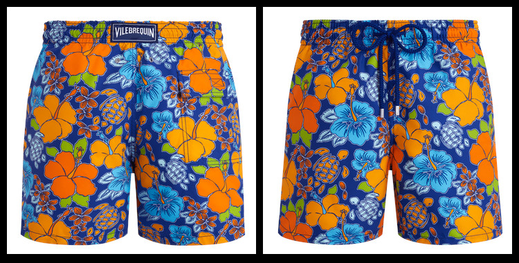 Ce short de bain Vilebrequin, homme, ceinture élastique avec cordon, modèle Moorea, imprimé hibiscus, en coloris multicolore.