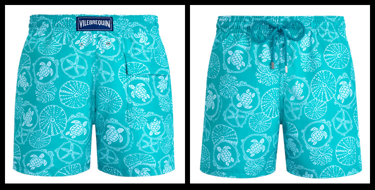 Ce short de bain Vilebrequin, homme, ceinture élastique avec cordon, modèle Moorea, imprimé oursins et tortues, en coloris bleu turquoise.