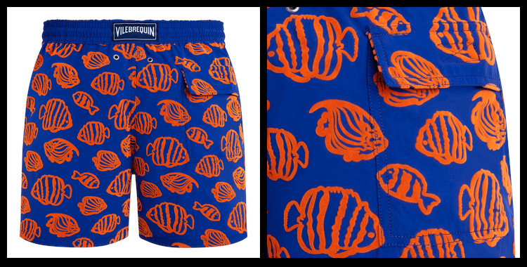 Short de bain Vilebrequin les poissons, gros plan sur la finition de la poche arrière et le placement à la main de l'imprimé.