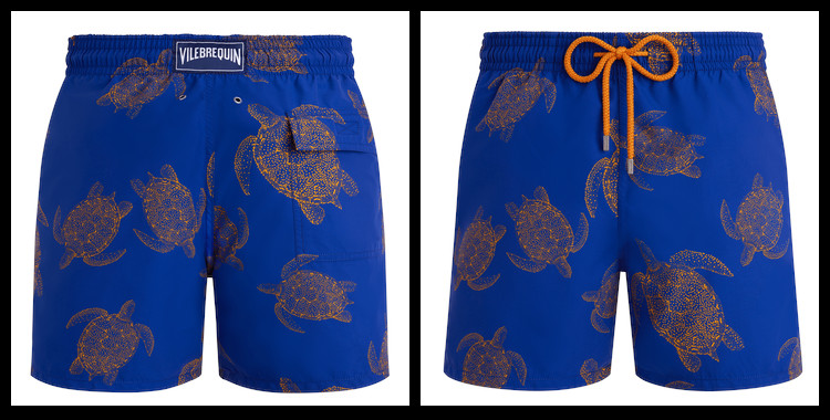 Ce short de bain Vilebrequin, homme, ceinture élastique avec cordon, modèle Moorea, imprimé tortues, en coloris bleu.