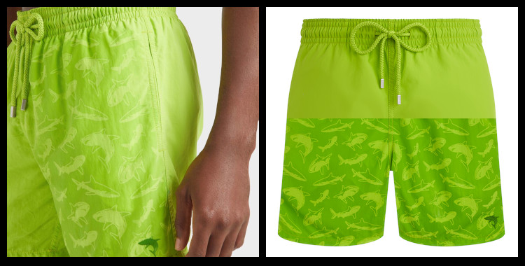 Maillot, short de bain, modèle Moorea aquaréactif, pour homme, de la marque Vilebrequin, en coloris uni vert lime, motif requins.