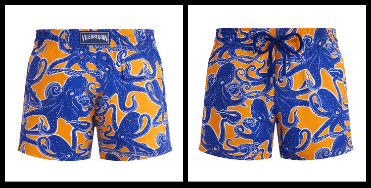 Ce short de bain Vilebrequin, homme, ceinture élastique avec cordon, modèle Moorea, imprimé pieuvres, en coloris bleu et orange.