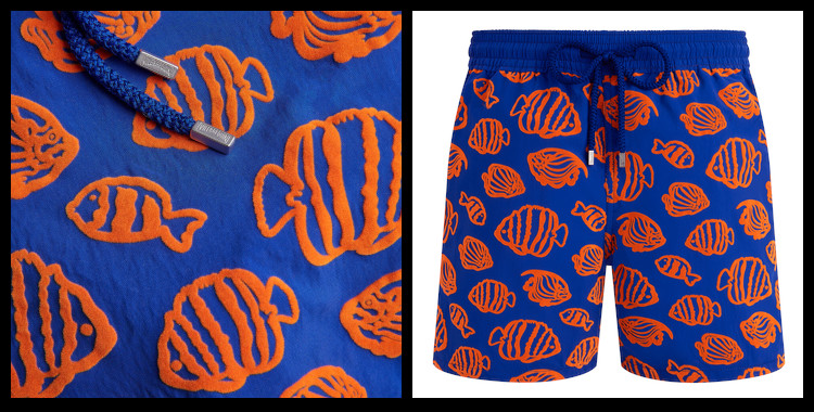 short de bain Vilebrequin, homme, ceinture élastique avec cordon, modèle Moorea, imprimé floqué, poissons, en coloris orange et bleu.