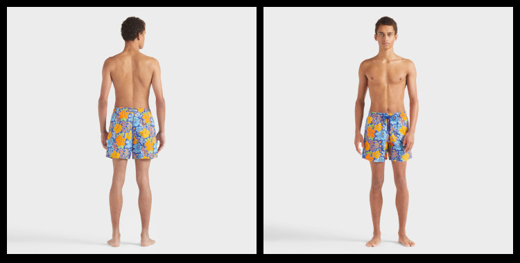 short de bain Vilebrequin, homme, ceinture élastique avec cordon, modèle Moorea, imprimé hibiscus, en coloris multicolore. Un mannequin homme porte ce modèle.