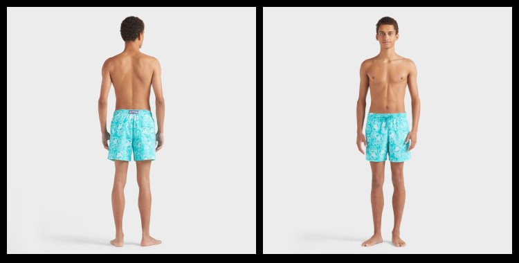 short de bain Vilebrequin, homme, ceinture élastique avec cordon, modèle Moorea, imprimé oursins et tortues, en coloris bleu turquoise. Un mannequin homme porte ce modèle.