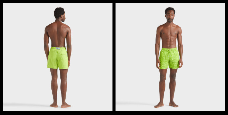 Ce short de bain Vilebrequin, homme, ceinture élastique avec cordon, tissu aquaréactif imprimé requins qui apparait au contact de l'eau, en coloris vert lime. Short porté par un mannequin homme.