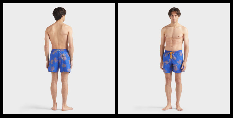 short de bain Vilebrequin, homme, ceinture élastique avec cordon, modèle Moorea, imprimé tortues, en coloris bleu.