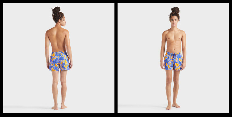 short de bain Vilebrequin, homme, ceinture élastique avec cordon, modèle Moorea, imprimé pieuvres, en coloris bleu et orange. Un mannequin homme porte ce modèle.