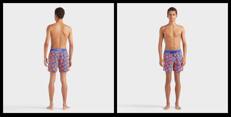 short de bain Vilebrequin, homme, ceinture élastique avec cordon, modèle Mooréa, imprimé floqué, poissons orange, en coloris bleu. Un mannequin homme porte ce modèle.