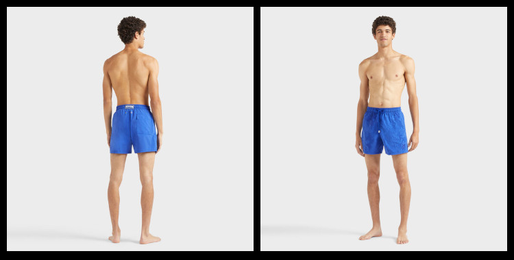 Ce short de bain Vilebrequin, homme, ceinture élastique avec cordon, tissu aquaréactif imprimé tortues et méduses qui apparait au contact de l'eau, en coloris bleu. Short porté par un mannequin homme.