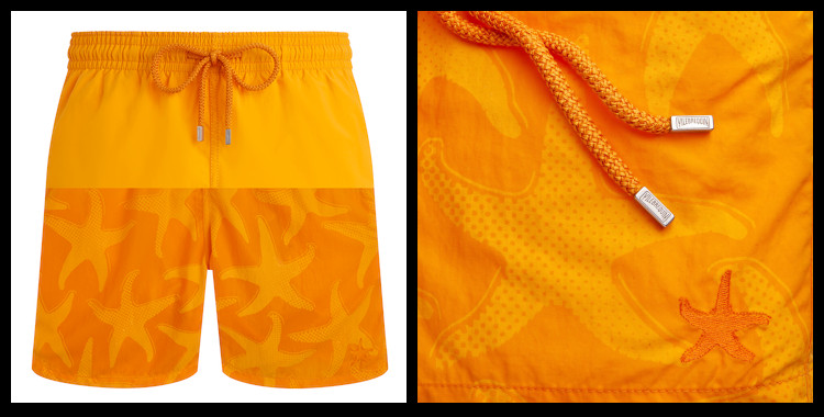 Maillot, short de bain, modèle Moorea aquaréactif, pour homme, de la marque Vilebrequin, en coloris uni orange, motif étoiles de mer.