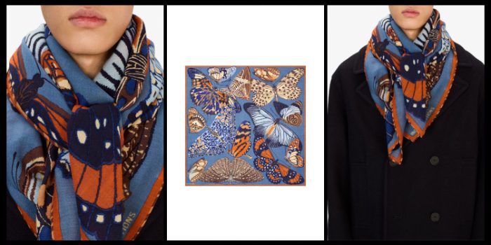 Carré en laine 130, les papillons, en bleu.