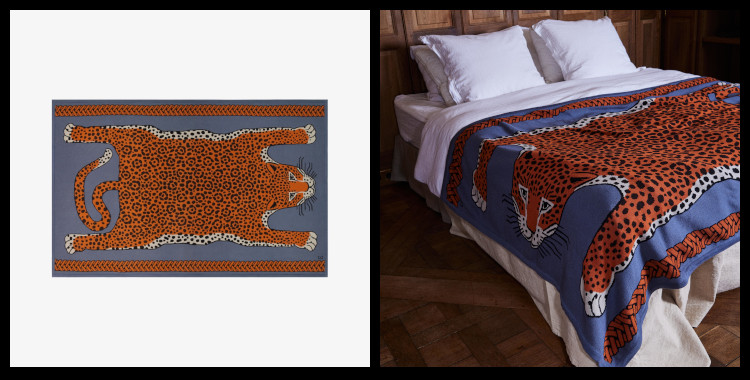 Plaid en coton Inoui Editions, la peau de léopard, en bleu et orange.