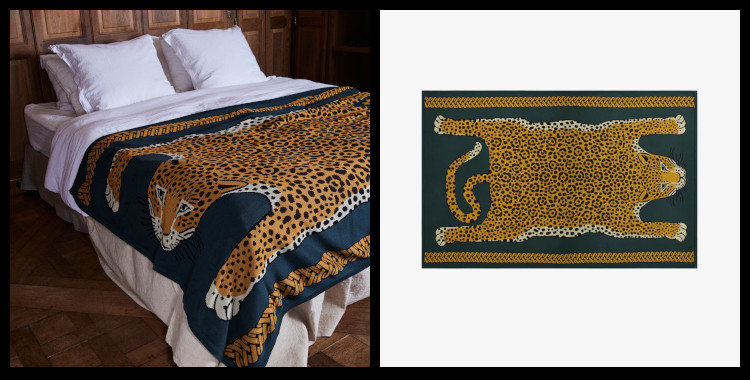 Plaid en coton Inoui Editions, Baldo, la peau de léopard, en vert et jaune.