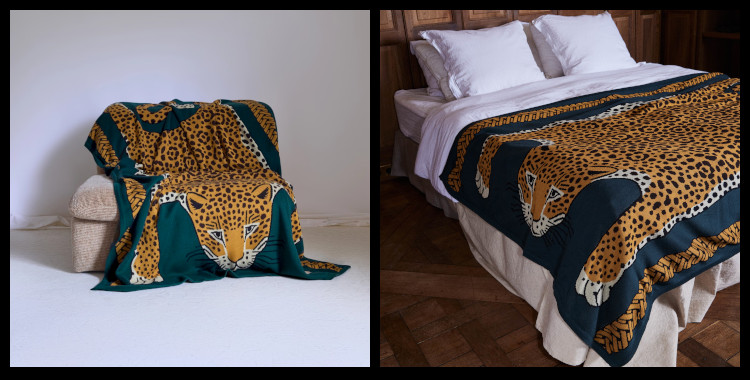 Plaid en coton Inoui Editions, la peau de léopard, en jaune et vert. rt.