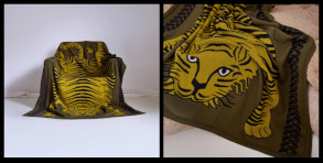 Plaid Inoui Éditions, le tigre Baldo, en coloris vert kaki, image lien vers la page des plaids.