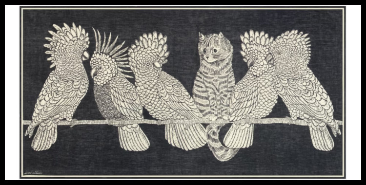 étole , paréo inoui éditions représente des oiseaux et un chat, en noir.