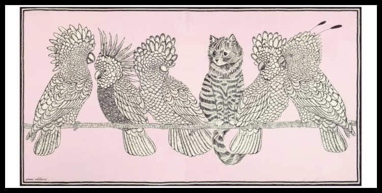 étole , paréo inoui éditions représente des oiseaux et un chat, en rose nude.