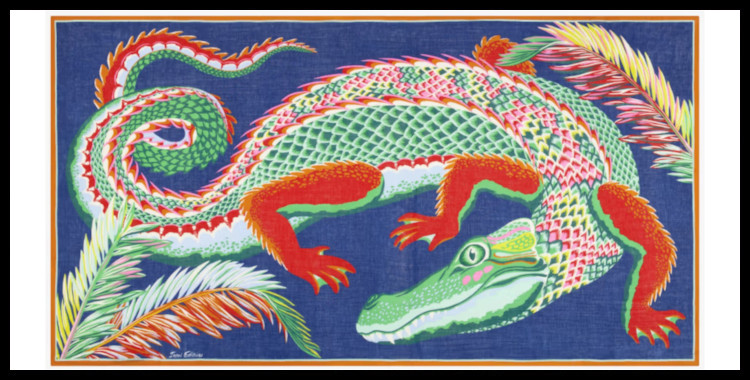 étole , paréo inoui éditions représente un crocodile, en bleu.