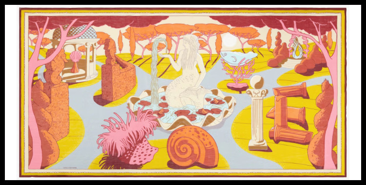 étole , paréo inoui éditions représente un jardin, en jaune.