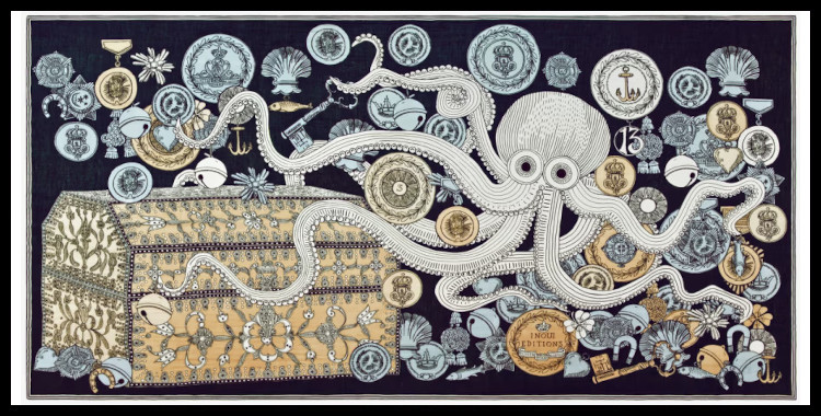 étole , paréo inoui éditions représente un poulpe sur un trésor, en bleu.