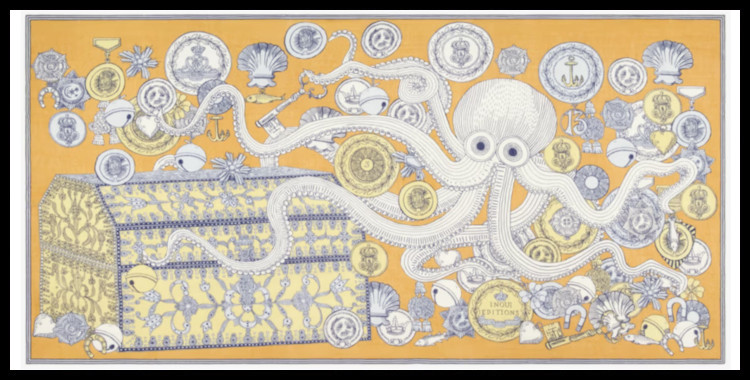 étole , paréo inoui éditions représente un poulpe sur un trésor, en jaune.