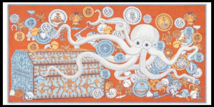 étole , paréo inoui éditions représente une pieuvre sur un trésor, en orange.