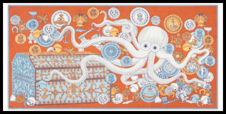 étole , paréo inoui éditions représente une pieuvre sur un trésor, en orange.