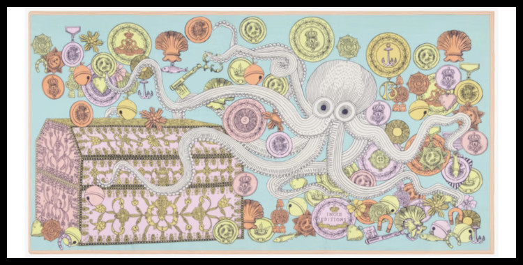 étole , paréo inoui éditions représente un poulpe sur un trésor, en bleu turquoise.
