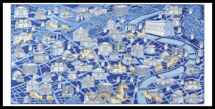 étole , paréo inoui éditions représente une carte de la ville de Rome, en bleu.