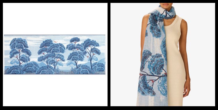 étoles , paréos inoui éditions représentent des écureuils dans les arbres, en bleu.