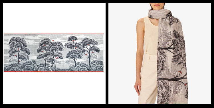 étoles , paréos inoui éditions représentent des écureuils dans les arbres, en gris.