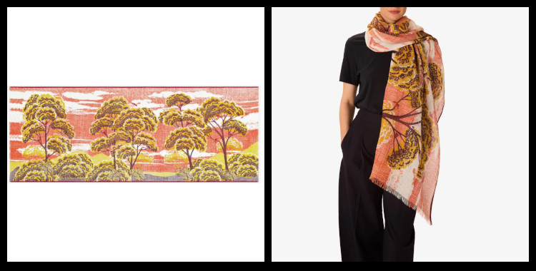 étole , paréo inoui éditions représente des écureuils dans les arbres, en jaune.