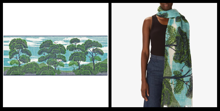 étoles , paréos inoui éditions représentent des écureuils dans les arbres, en jaune.