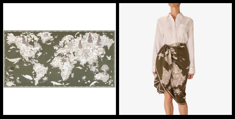 étole , paréo inoui éditions représente une carte du monde, en kaki.