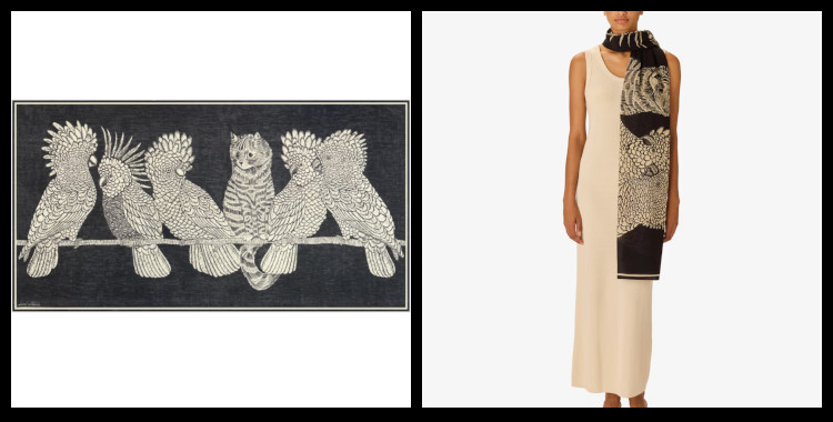 étole , paréo inoui éditions représente des oiseaux et un chat, en noir.