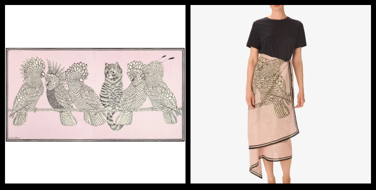 étole , paréo inoui éditions représente des oiseaux et un chat, en rose nude.