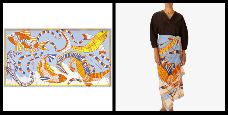 étole , paréo inoui éditions représente des cerfs-volants, en bleu et orange.