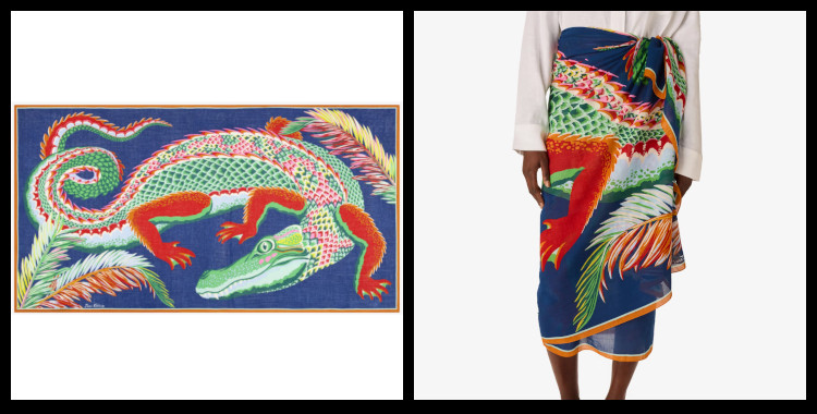 étole , paréo inoui éditions représente un crocodile, en bleu.