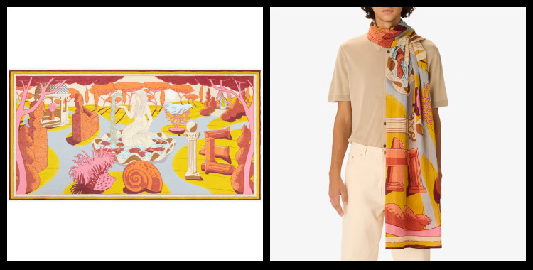 étole , paréo inoui éditions représente un jardin, en jaune.