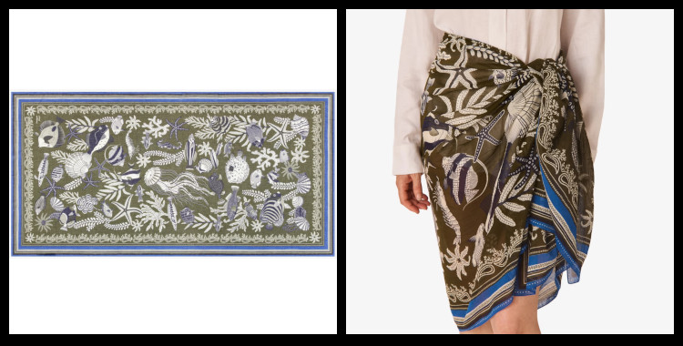 étole , paréo inoui éditions représente les animaux marins, en kaki.