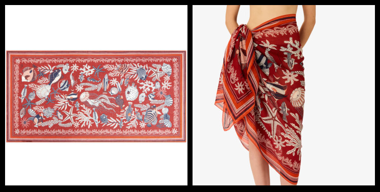 étole , paréo inoui éditions représente les animaux marins, en rouge.