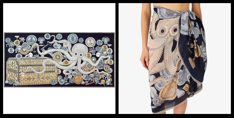 étole , paréo inoui éditions représente un poulpe sur un trésor, en bleu.