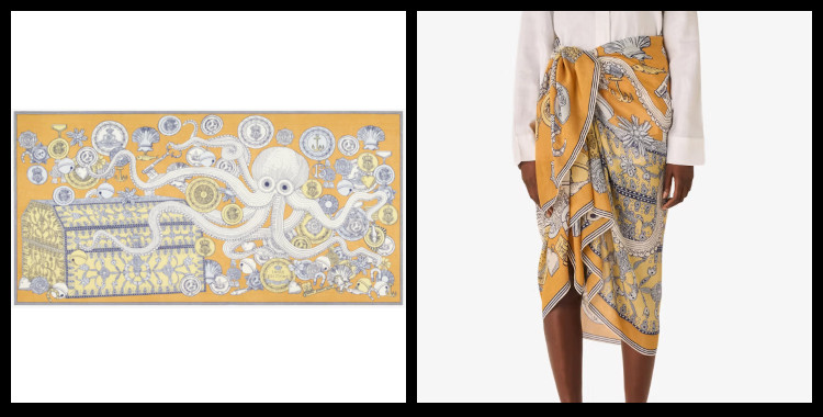 étole , paréo inoui éditions représente un poulpe sur un trésor, en jaune.