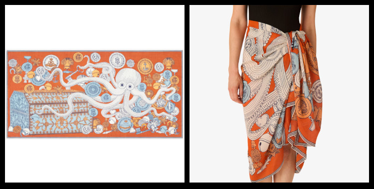 étole , paréo inoui éditions représente un poulpe sur un trésor, en orange.