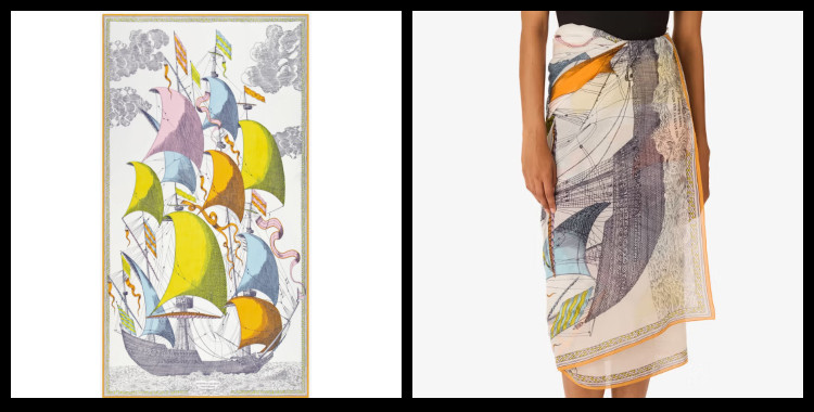 étole , paréo inoui éditions représente un vieux bateau, en multico.